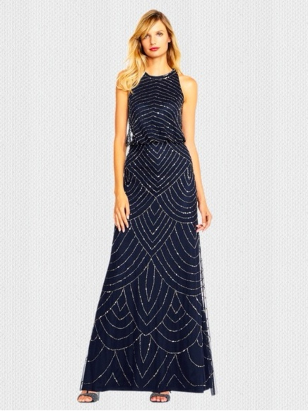 Adrianna Papell Navy Beaded Halter Maxi Dress